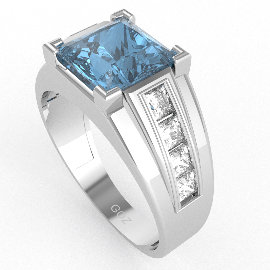 Men's Big Daddy Blue Topaz Lab-Grown Diamond Channel Ring In Solid 14k White Gold