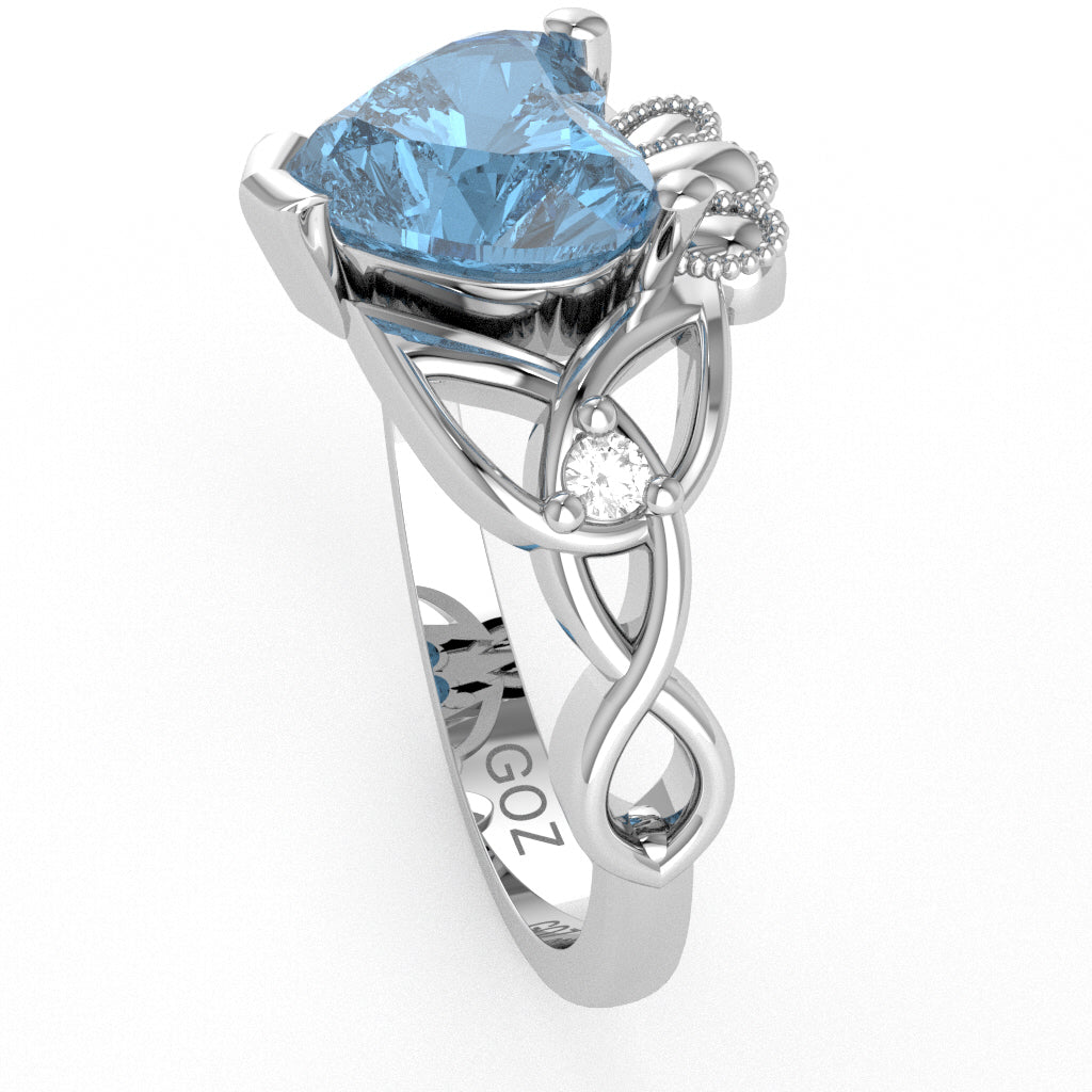 Celtic Trinity Knot Claddagh Heart Blue Topaz Diamond Ring In 14k White Gold