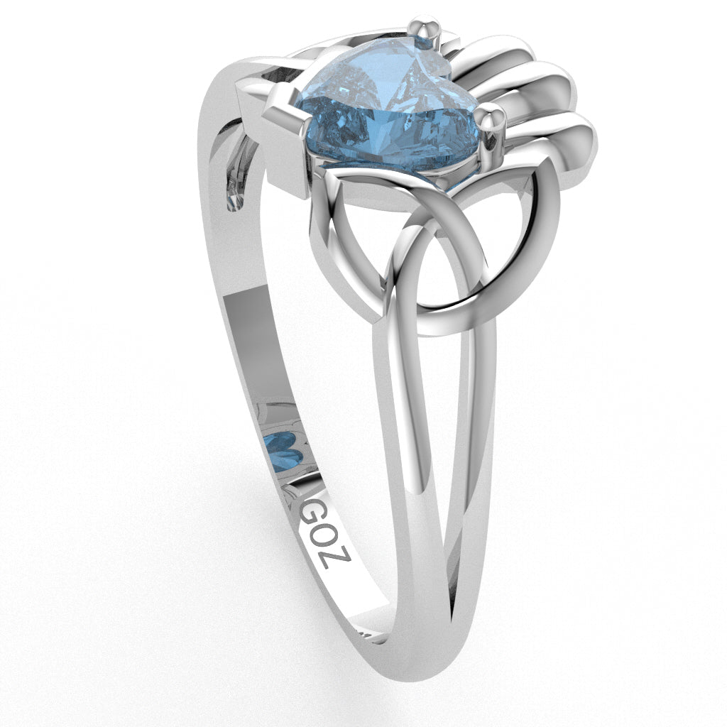 Celtic Trinity Knot Claddagh Blue Topaz Engagement Ring In 14k White Gold