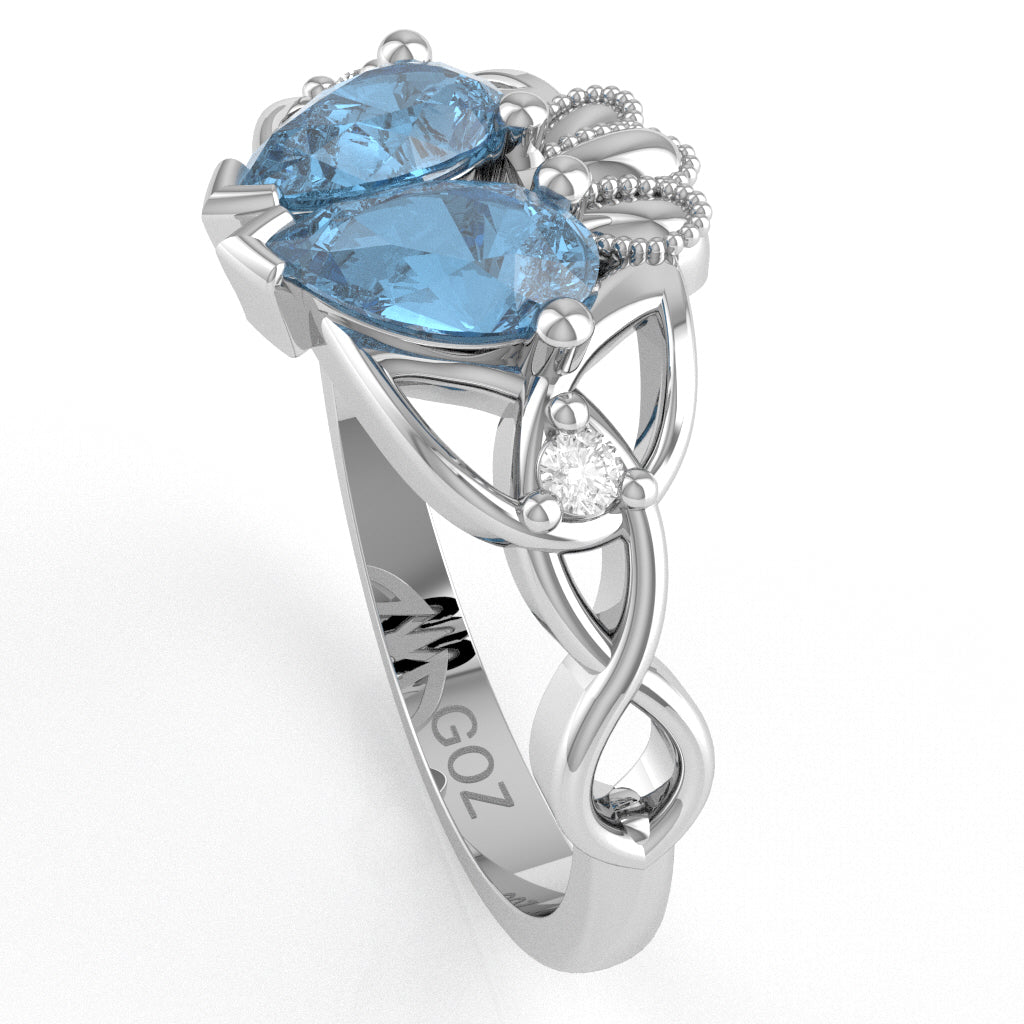 Blue Topaz Diamond Celtic Knot Heart Claddagh Ring In 14k White Gold