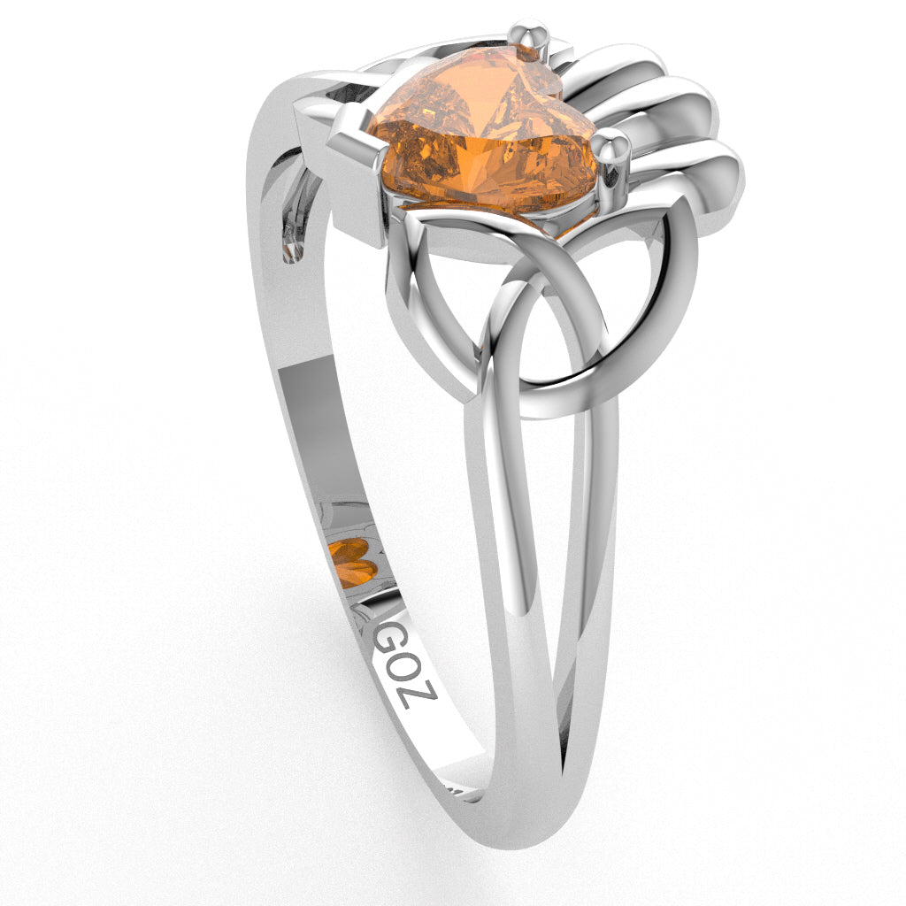 Celtic Trinity Knot Claddagh Citrine Engagement Ring In 10k White Gold