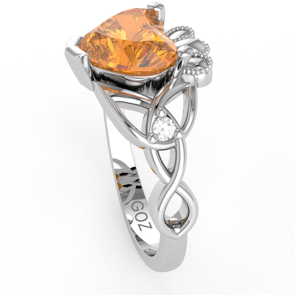 Celtic Trinity Knot Claddagh Heart Citrine Diamond Ring In 10k White Gold