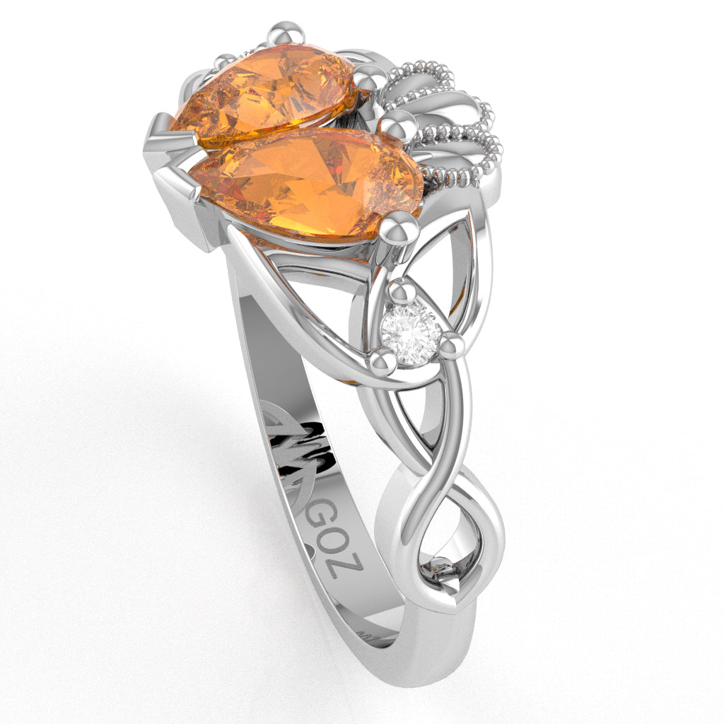 Citrine Diamond Celtic Knot Heart Claddagh Ring In 10k White Gold