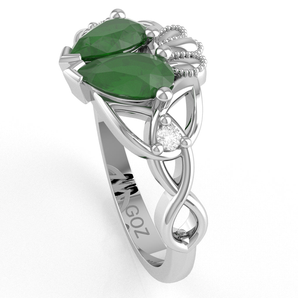 Emerald Diamond Celtic Knot Heart Claddagh Ring In 14k White Gold
