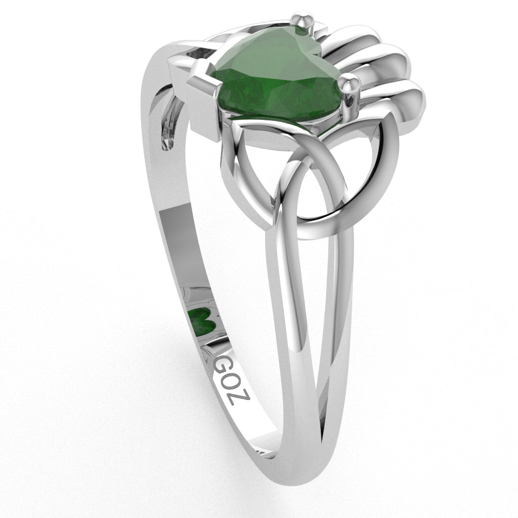 Celtic Trinity Knot Claddagh Emerald Engagement Ring In 14k White Gold