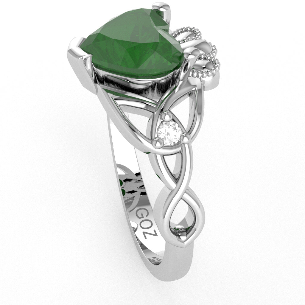 Celtic Trinity Knot Claddagh Heart Emerald Diamond Ring In 10k White Gold