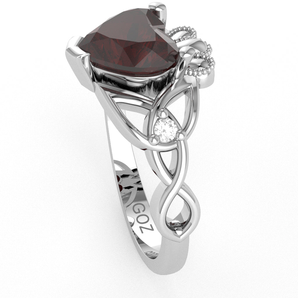 Celtic Trinity Knot Claddagh Heart Garnet Diamond Ring In 14k White Gold