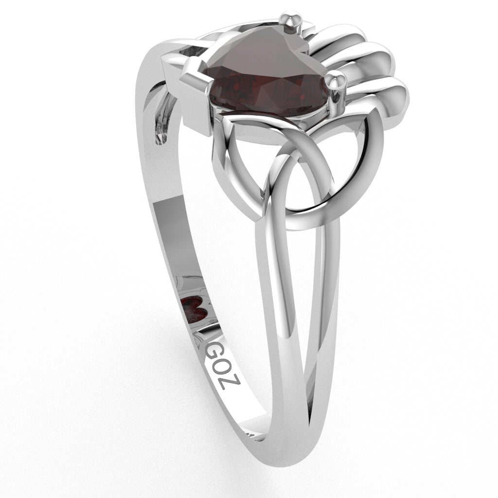 Celtic Trinity Knot Claddagh Garnet Engagement Ring In 14k White Gold