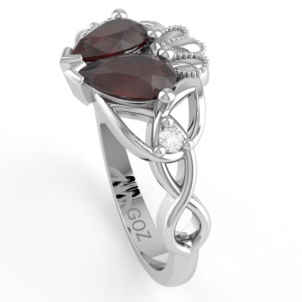 Garnet Diamond Celtic Knot Heart Claddagh Ring In 10k White Gold