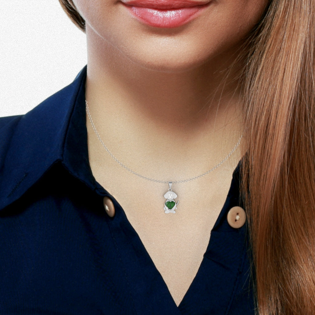 Lab-Created Emerald Diamond  Puppy Love Heart Pendant In 14k White Gold