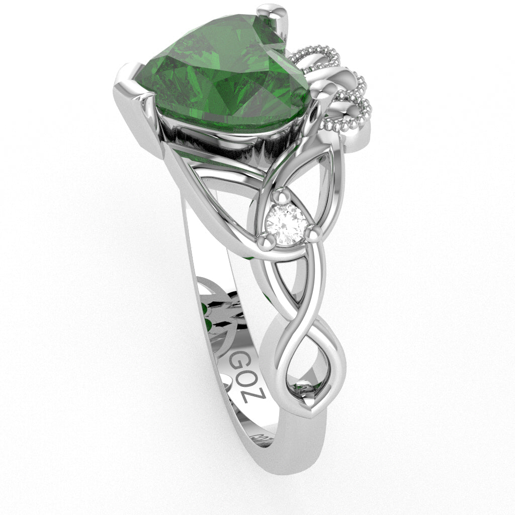Celtic Trinity Knot Claddagh Heart Lab-Created Emerald Diamond Ring In 10k White Gold