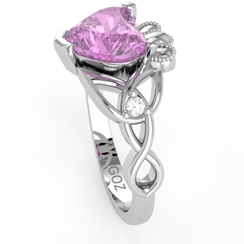 Celtic Trinity Knot Claddagh Heart Lab-Created Pink Sapphire Diamond Ring In 10k White Gold