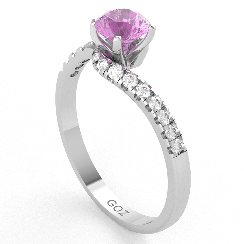 Lab-Created Pink Sapphire Diamond Curly Dainty Engagement Ring In 14k White Gold