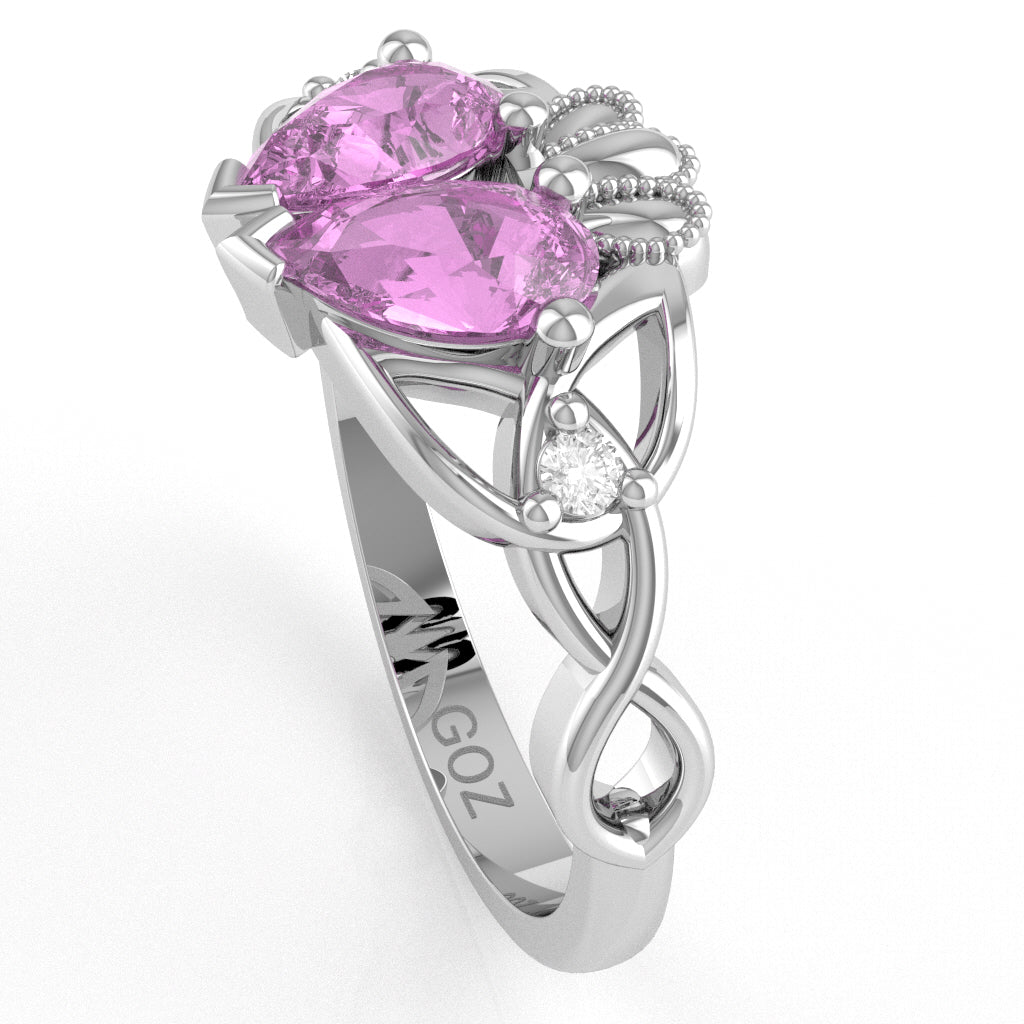 Lab-Created Pink Sapphire Diamond Celtic Knot Heart Claddagh Ring In 10k White Gold