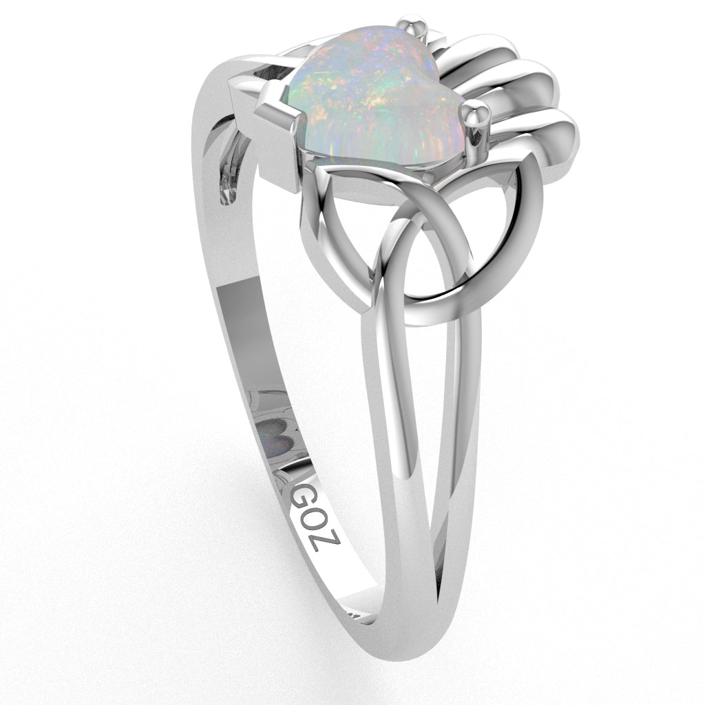 Celtic Trinity Knot Claddagh Opal Engagement Ring In 14k White Gold