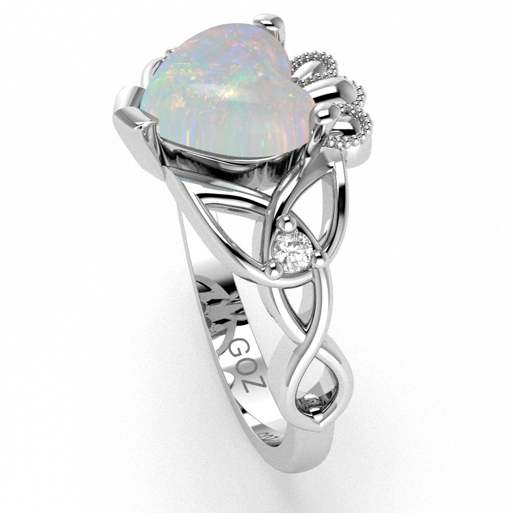 Celtic Trinity Knot Claddagh Heart Opal Diamond Ring In 14k White Gold