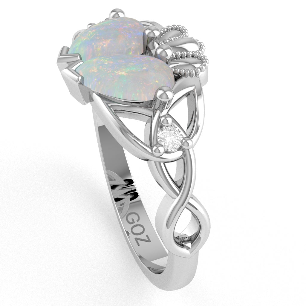 Opal Diamond Celtic Knot Heart Claddagh Ring In 14k White Gold