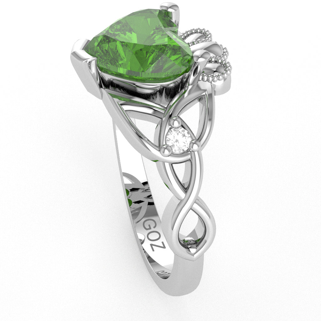 Celtic Trinity Knot Claddagh Heart Peridot Diamond Ring In 14k White Gold