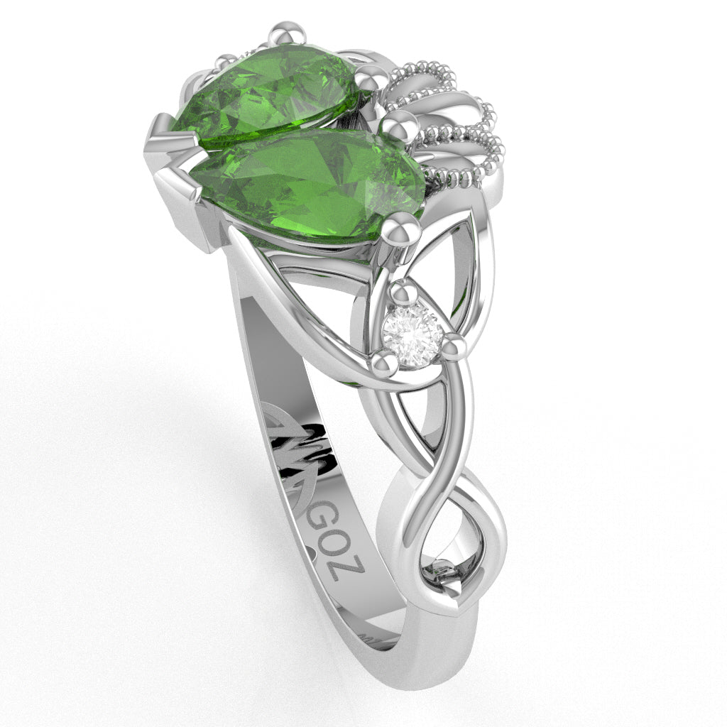 Peridot Diamond Celtic Knot Heart Claddagh Ring In 14k White Gold