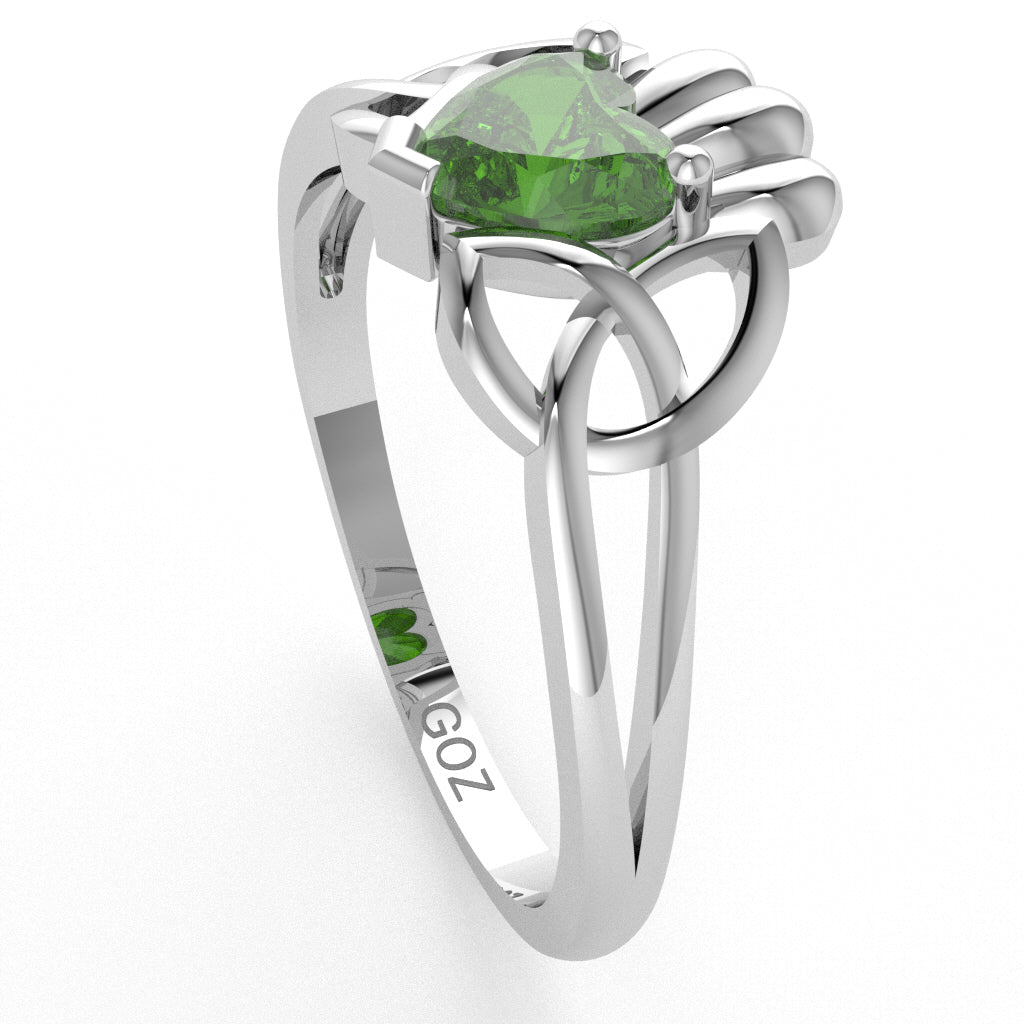 Celtic Trinity Knot Claddagh Peridot Engagement Ring In 14k White Gold