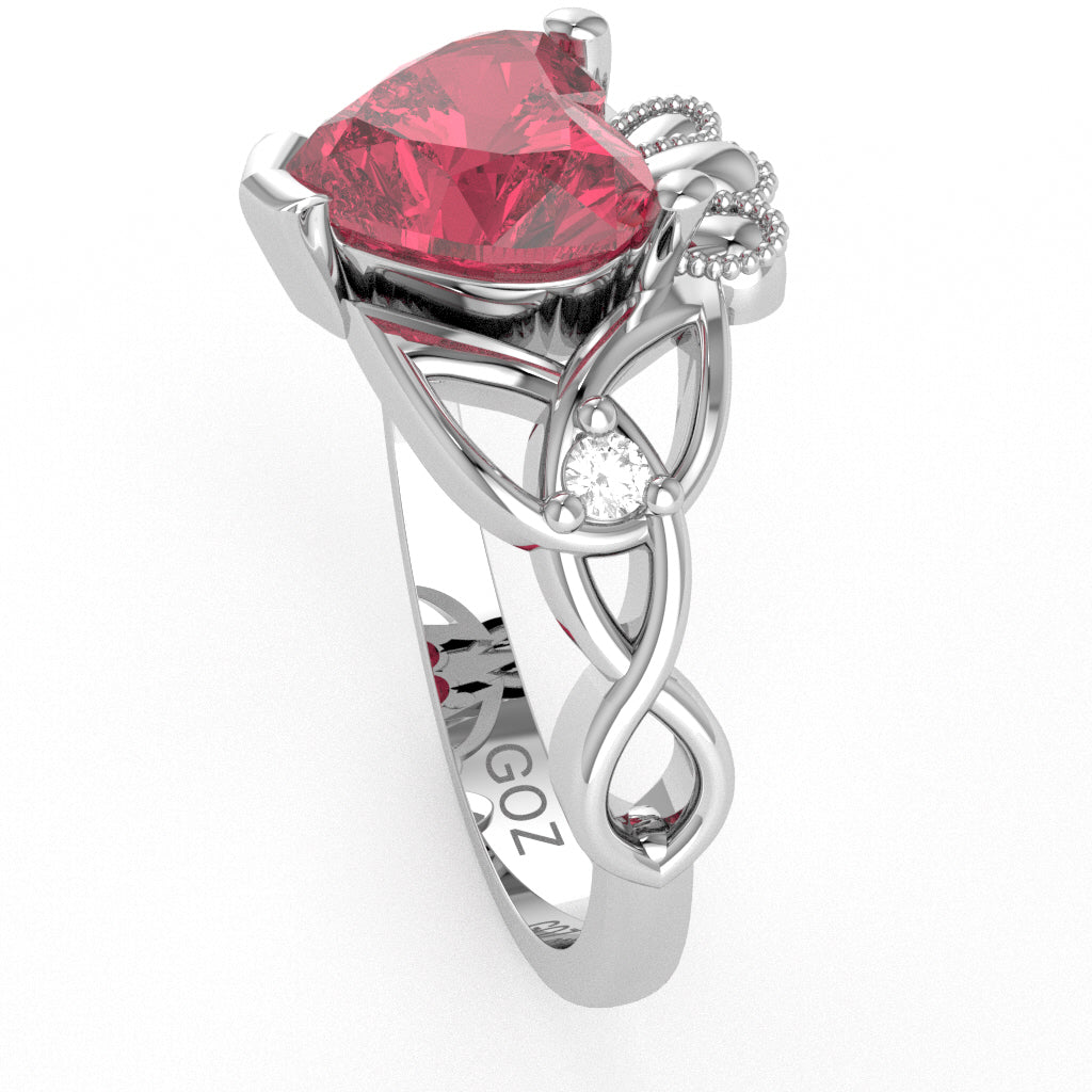 Celtic Trinity Knot Claddagh Heart Pink Tourmaline Diamond Ring In 14k White Gold