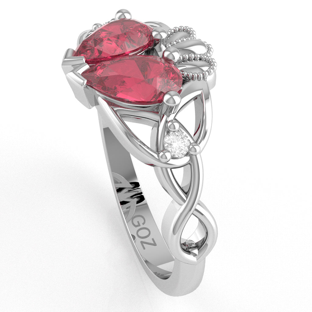 Pink Tourmaline Diamond Celtic Knot Heart Claddagh Ring In 14k White Gold
