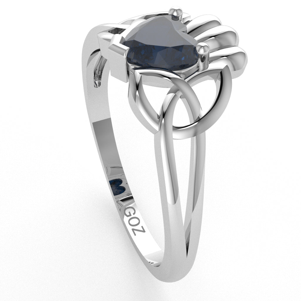 Celtic Trinity Knot Claddagh Sapphire Engagement Ring In 14k White Gold