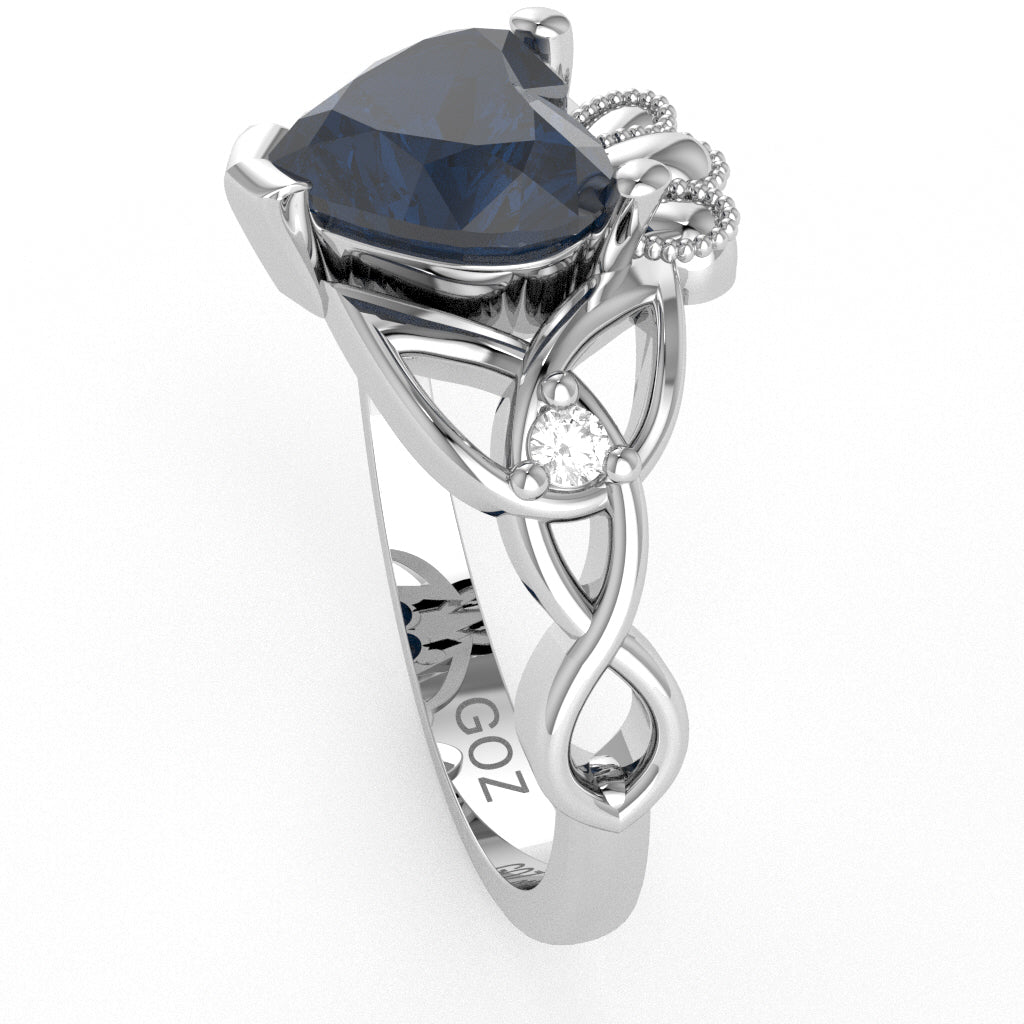Celtic Trinity Knot Claddagh Heart Lab-Created Sapphire Diamond Ring In 10k White Gold