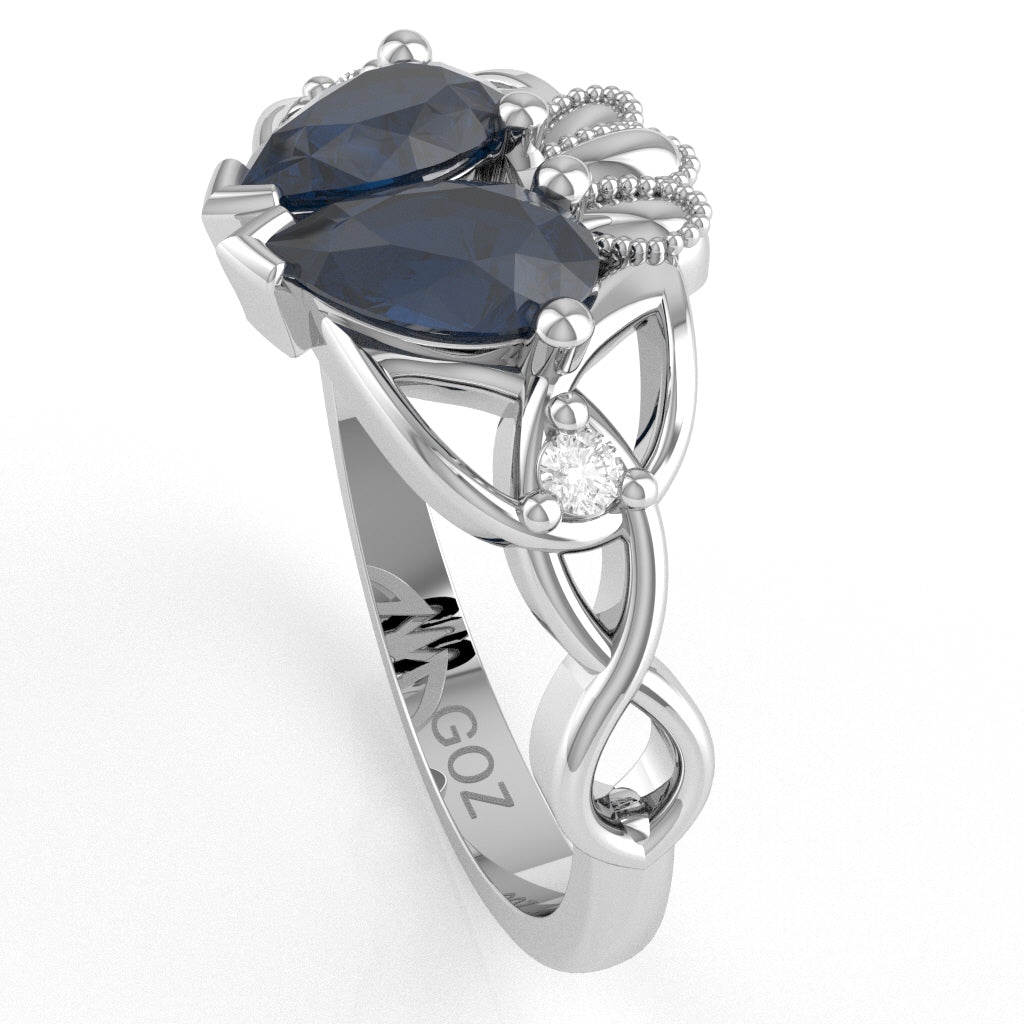 Lab-Created Sapphire Diamond Celtic Knot Heart Claddagh Ring In 14k White Gold