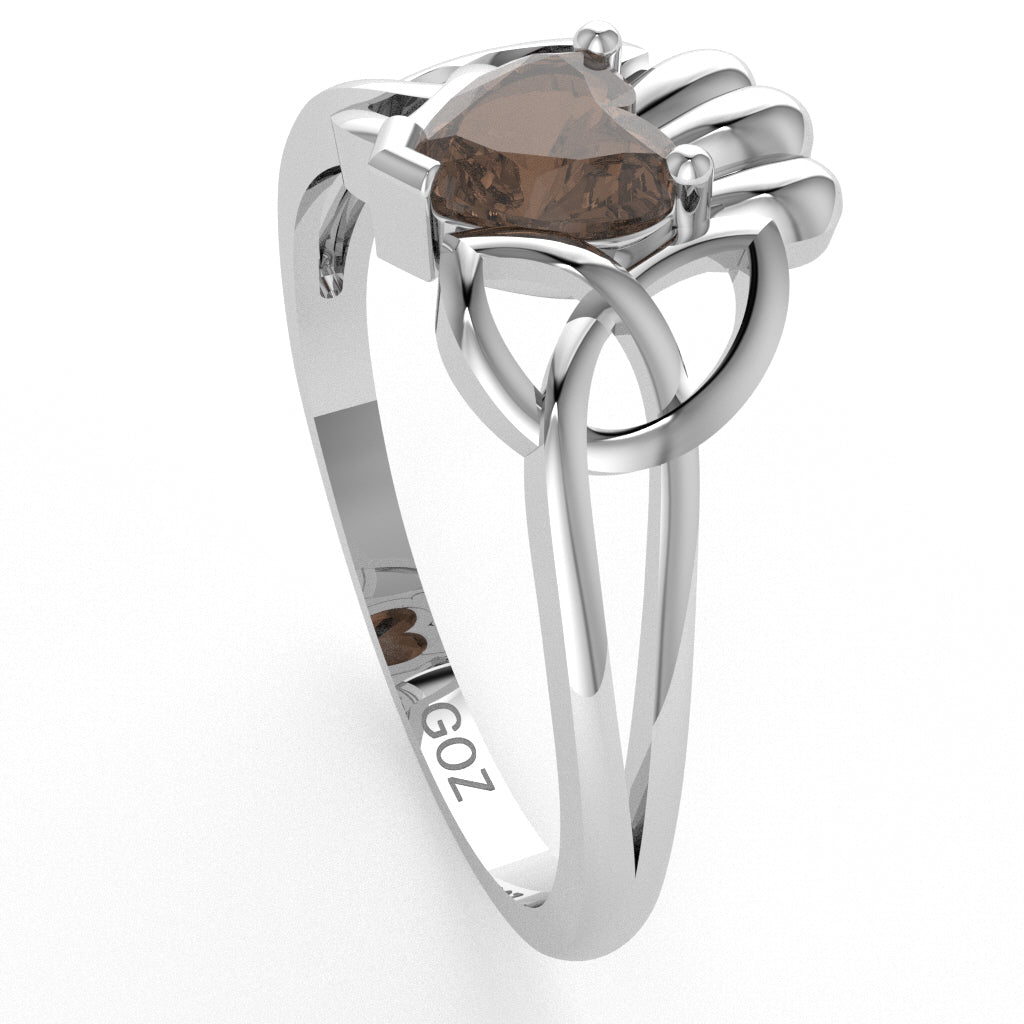 Celtic Trinity Knot Claddagh Smoky Quartz Engagement Ring In 14k White Gold