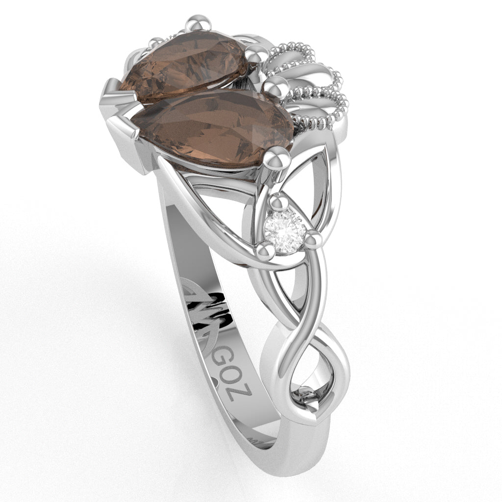 Smoky Quartz Diamond Celtic Knot Heart Claddagh Ring In 14k White Gold