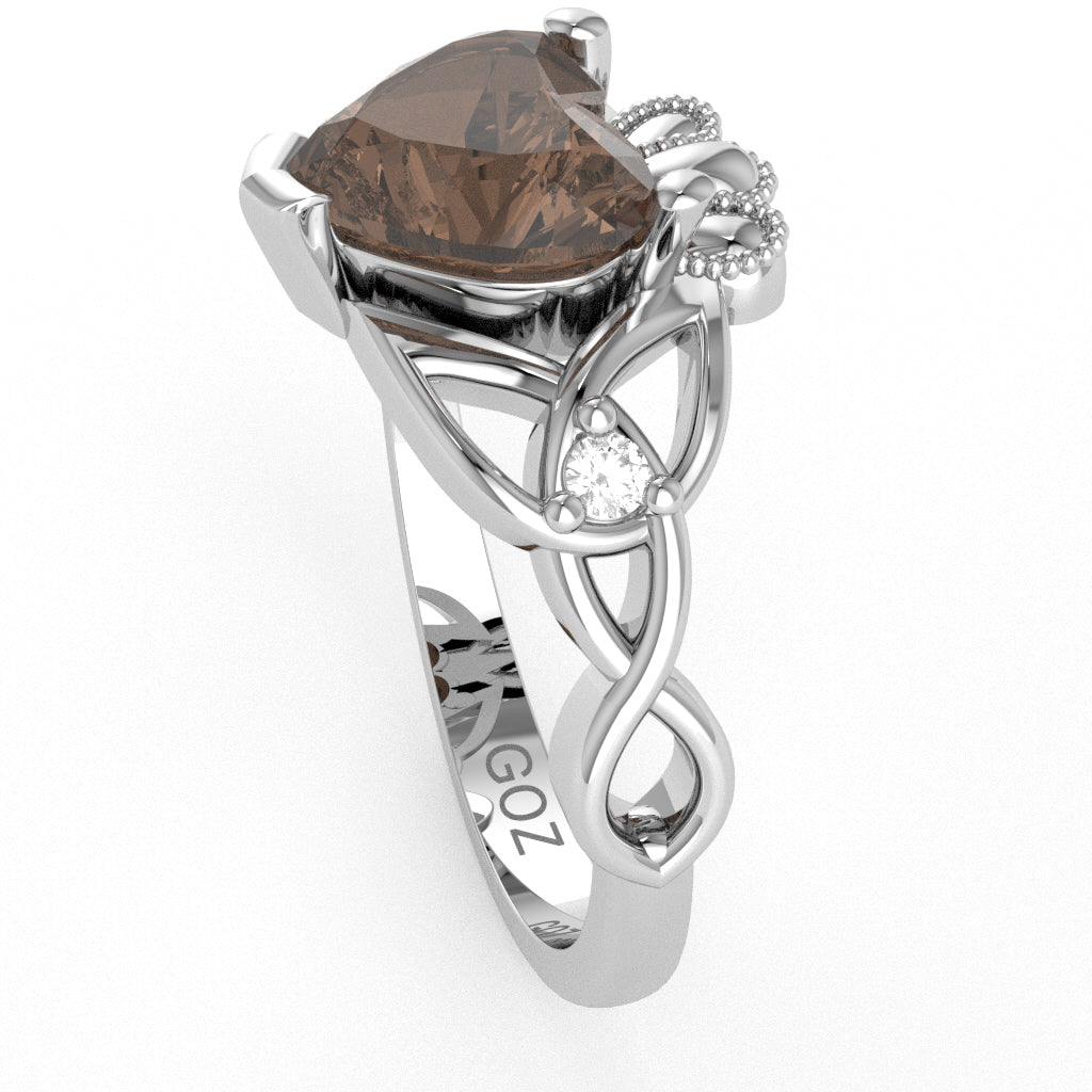 Celtic Trinity Knot Claddagh Heart Smoky Quartz Diamond Ring In 10k White Gold