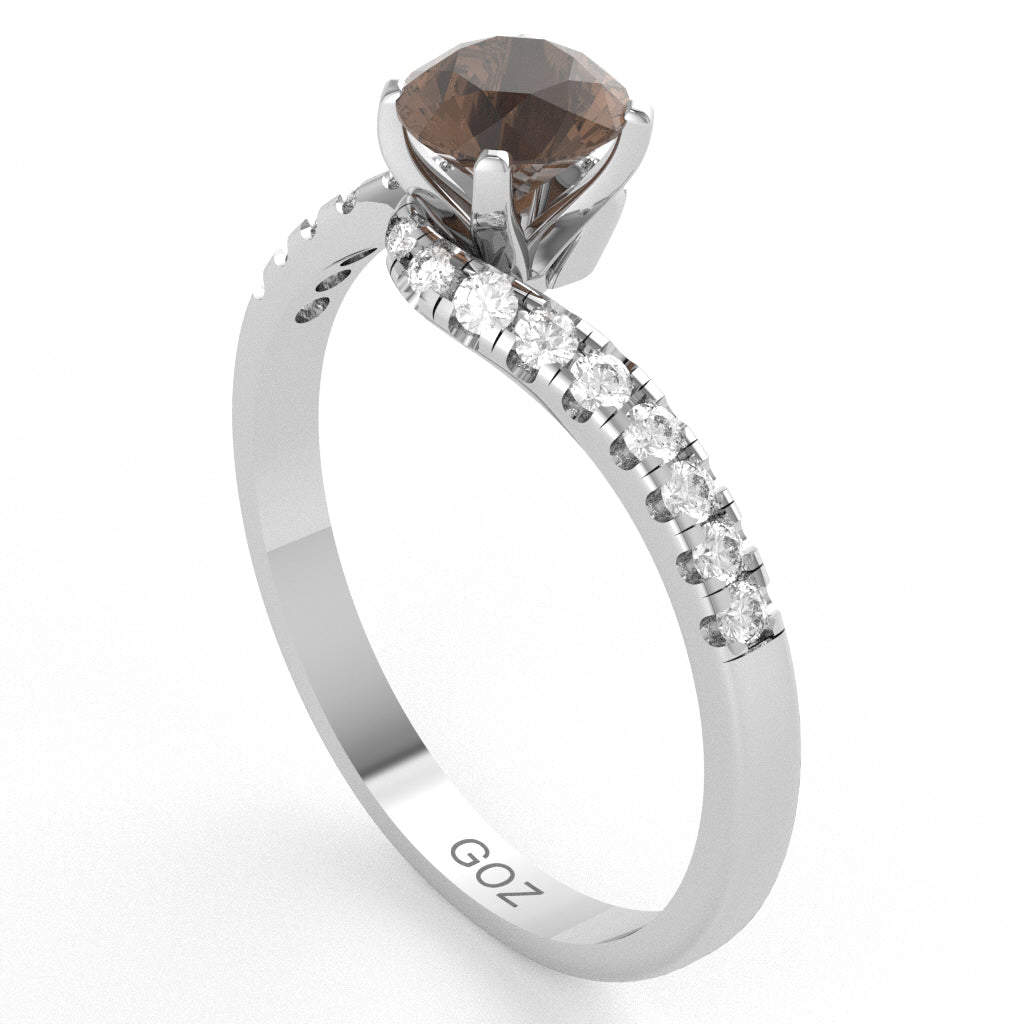 Smoky Quartz Diamond Curly Dainty Engagement Ring In 10k White Gold