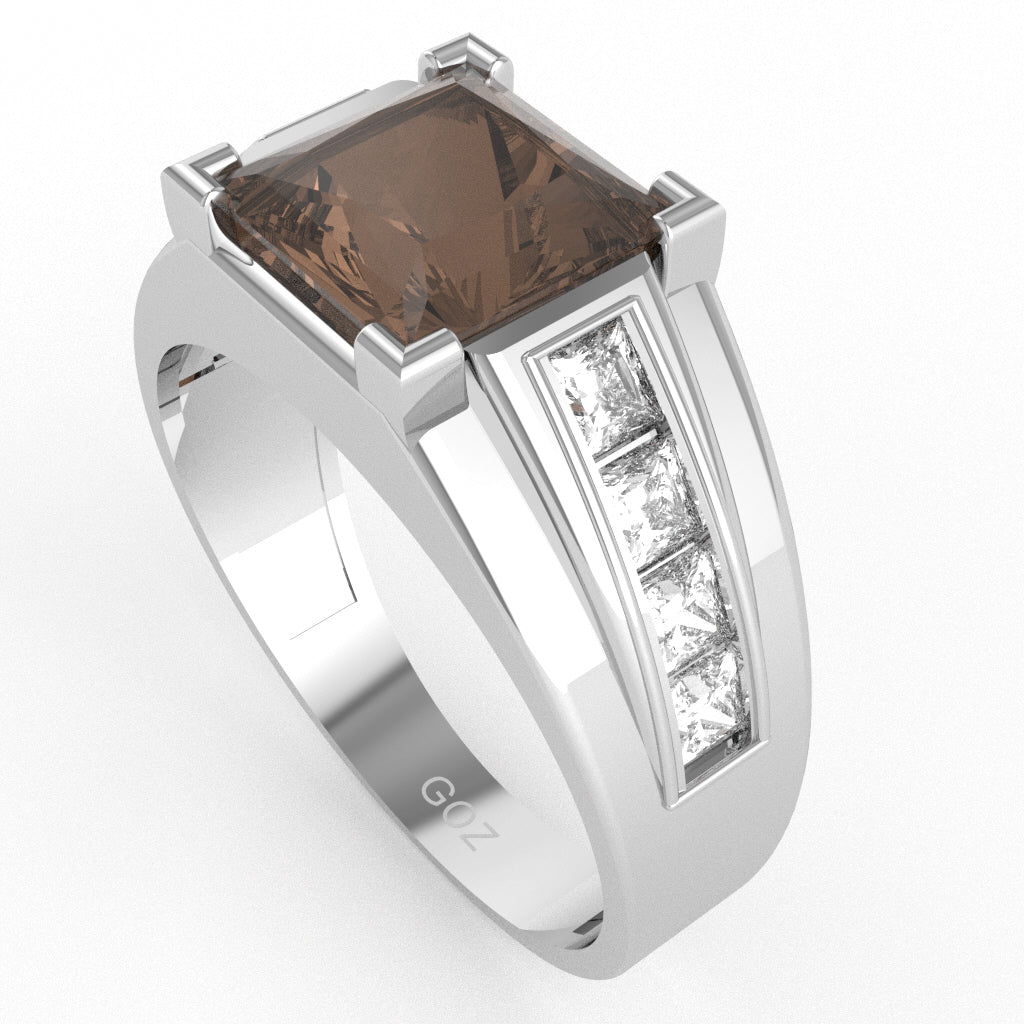 Men's Big Daddy Smoky Quartz Lab-Grown Diamond Channel Ring In Solid 10k White Gold