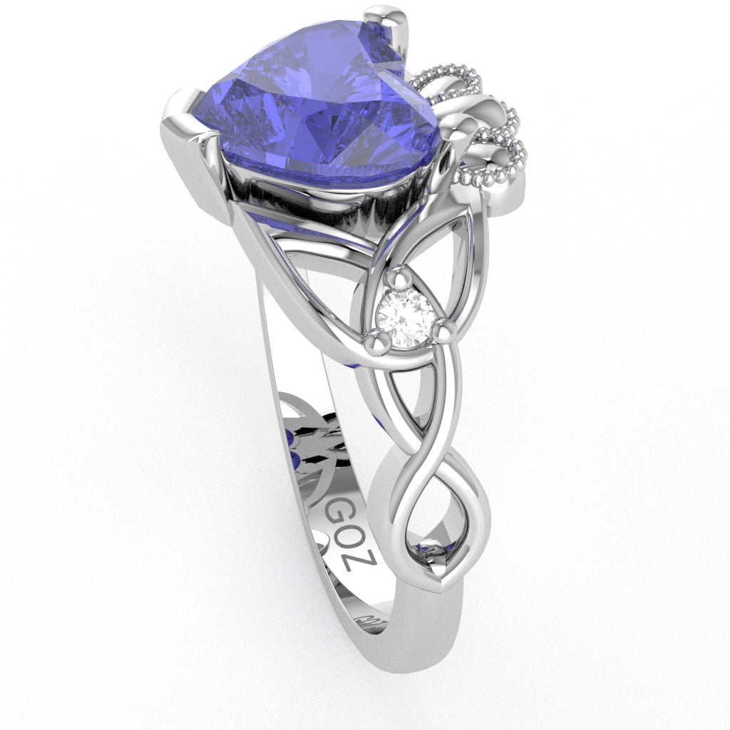 Celtic Trinity Knot Claddagh Heart Tanzanite Diamond Ring In 14k White Gold