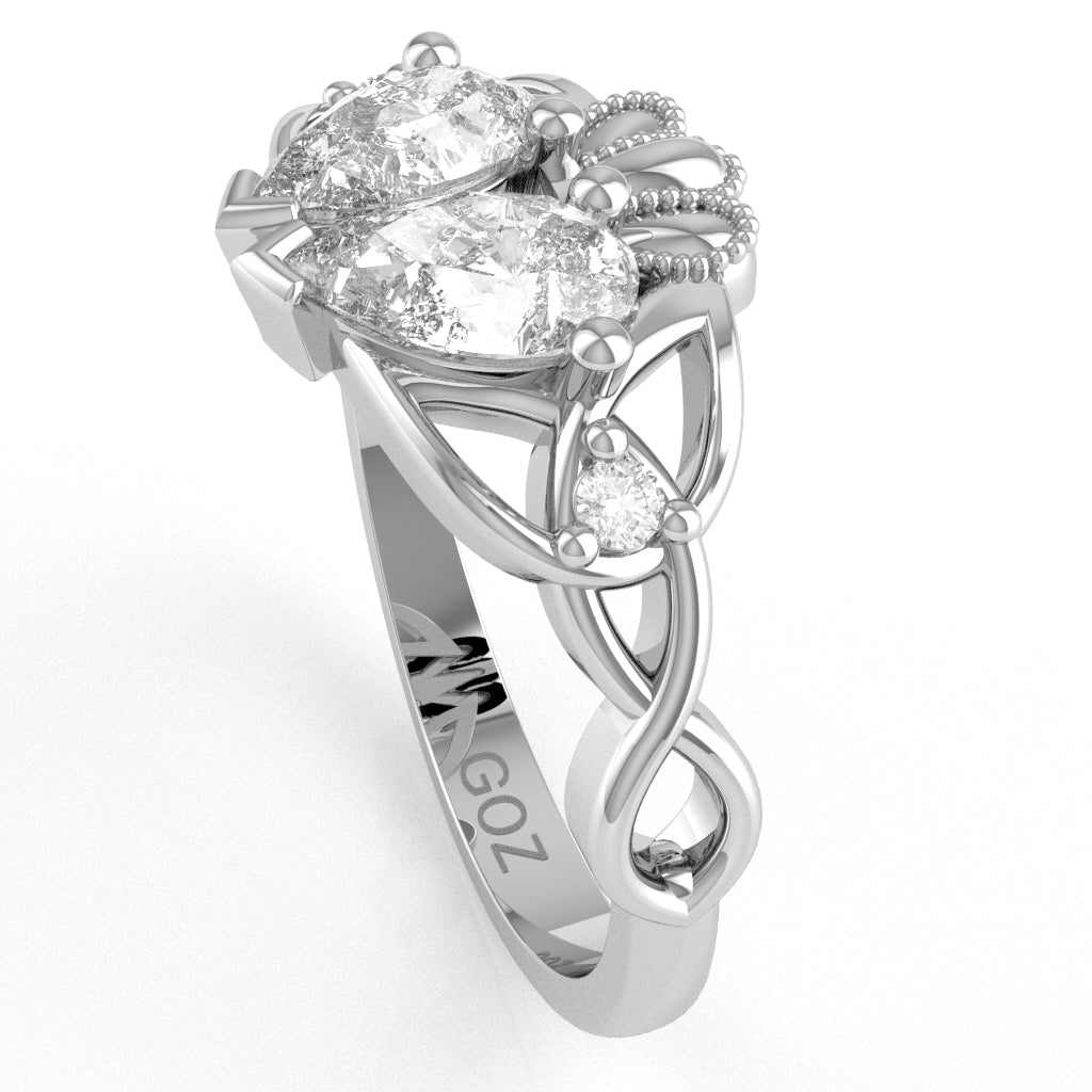 White Topaz Diamond Celtic Knot Heart Claddagh Ring In 10k White Gold