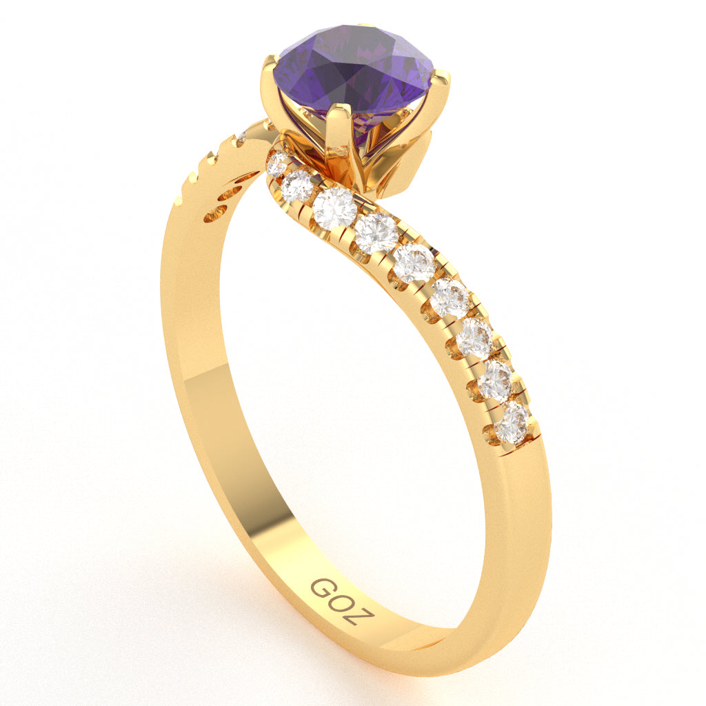 Amethyst Diamond Curly Dainty Engagement Ring In 10k Yellow Gold