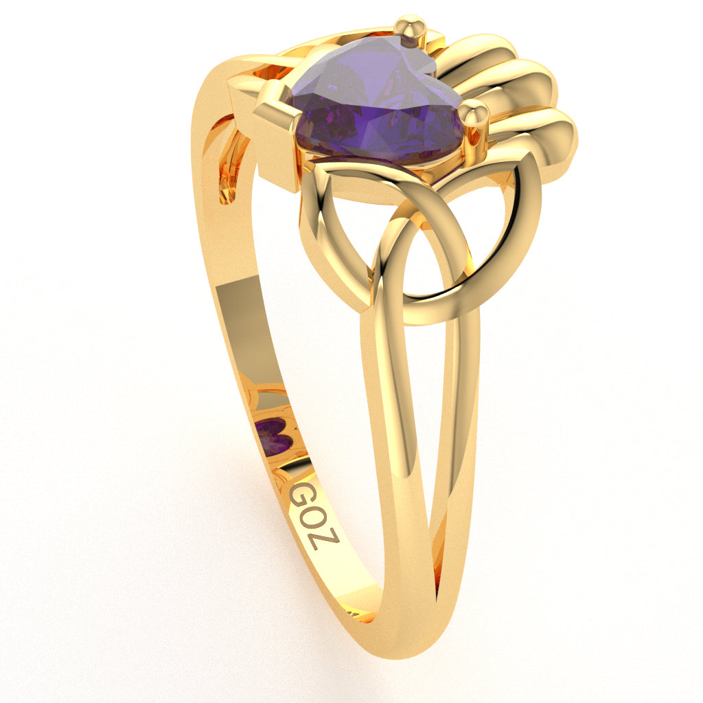 Celtic Trinity Knot Claddagh Amethyst Engagement Ring In 10k Yellow Gold