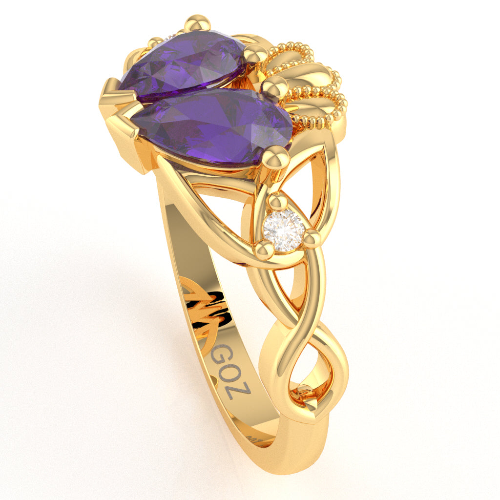 Amethyst Diamond Celtic Knot Heart Claddagh Ring In 14k Yellow Gold