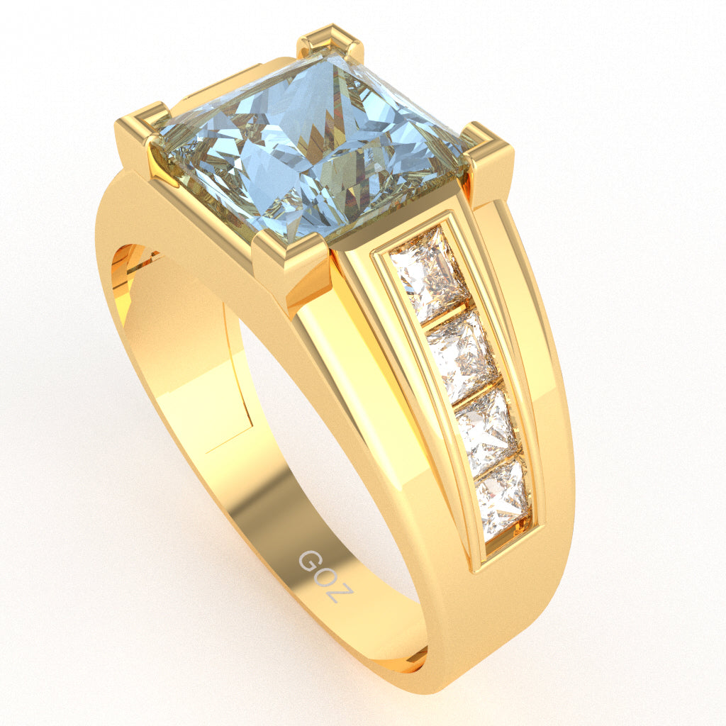 Men's Big Daddy Aquamarine Lab-Grown Diamond Channel Ring In Solid 14k Yellow Gold