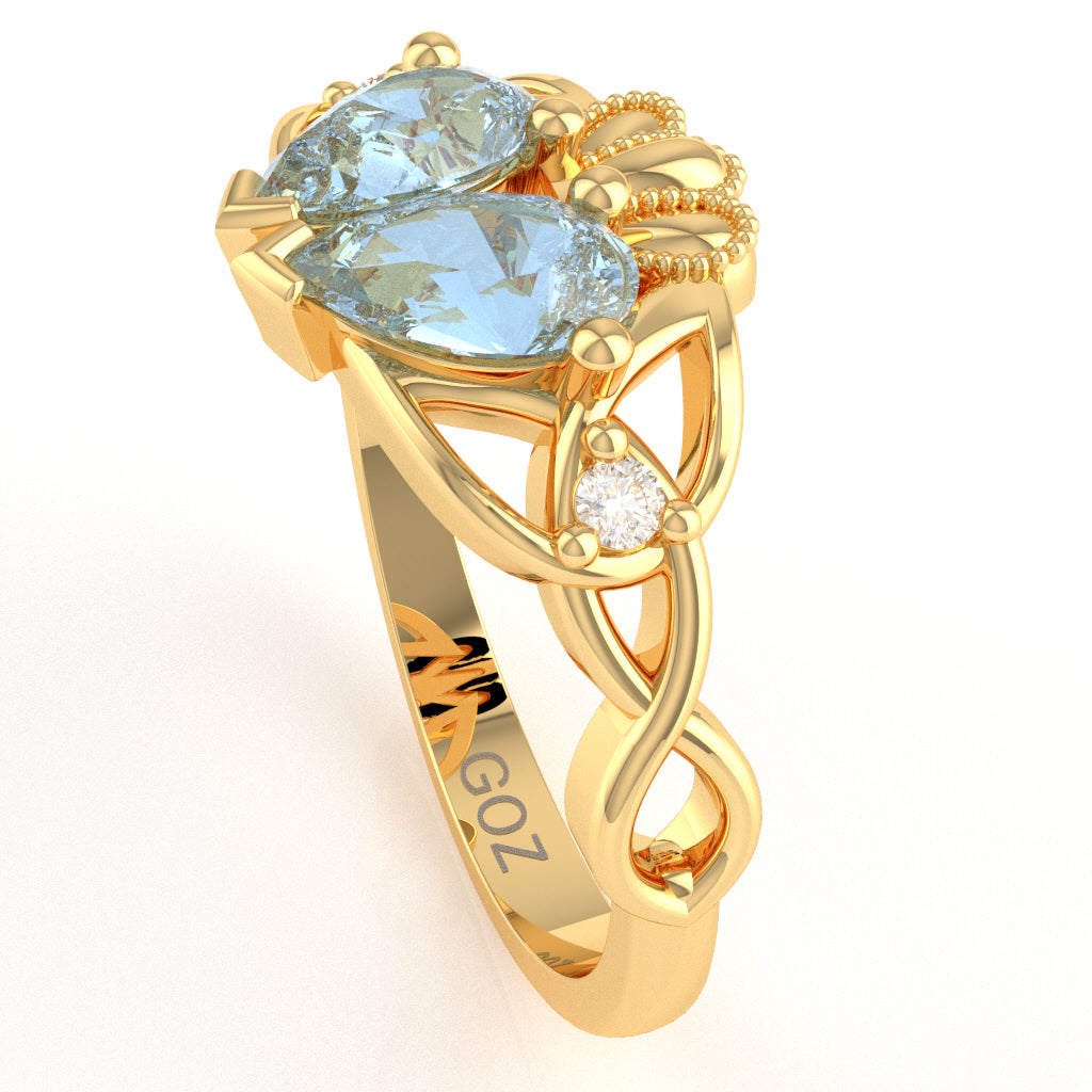 Aquamarine Diamond Celtic Knot Heart Claddagh Ring In 10k Yellow Gold