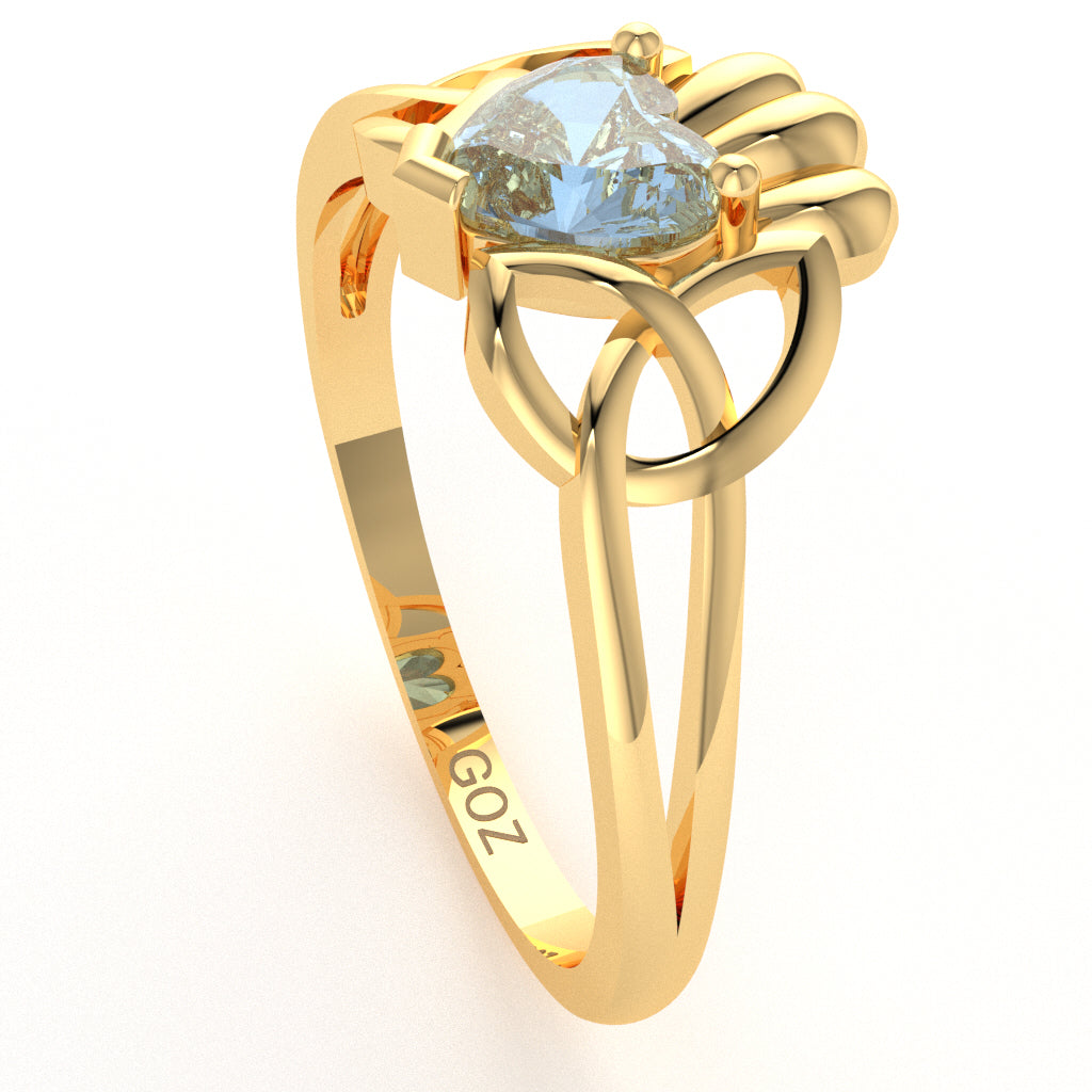 Celtic Trinity Knot Claddagh Aquamarine Engagement Ring In 14k Yellow Gold