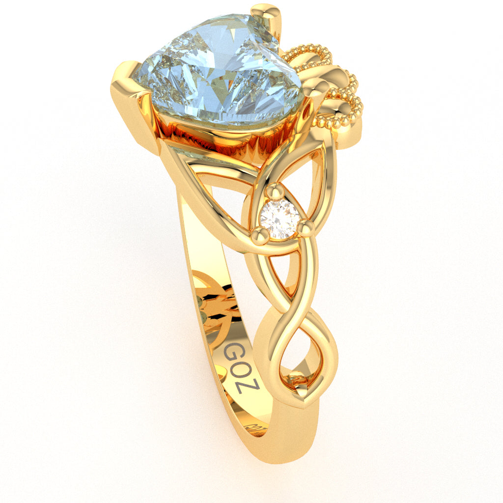 Celtic Trinity Knot Claddagh Heart Aquamarine Diamond Ring In 14k Yellow Gold