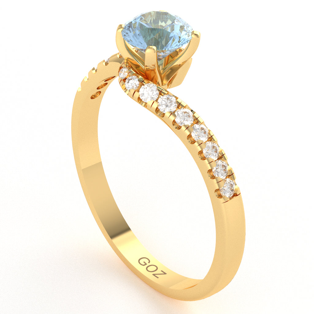 Aquamarine Diamond Curly Dainty Engagement Ring In 14k Yellow Gold