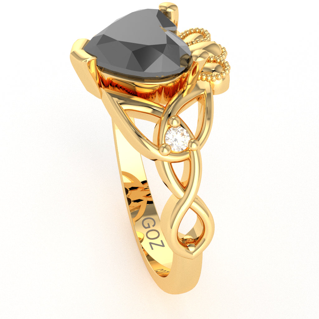 Celtic Trinity Knot Claddagh Heart Black Onyx Diamond Ring In 10k Yellow Gold