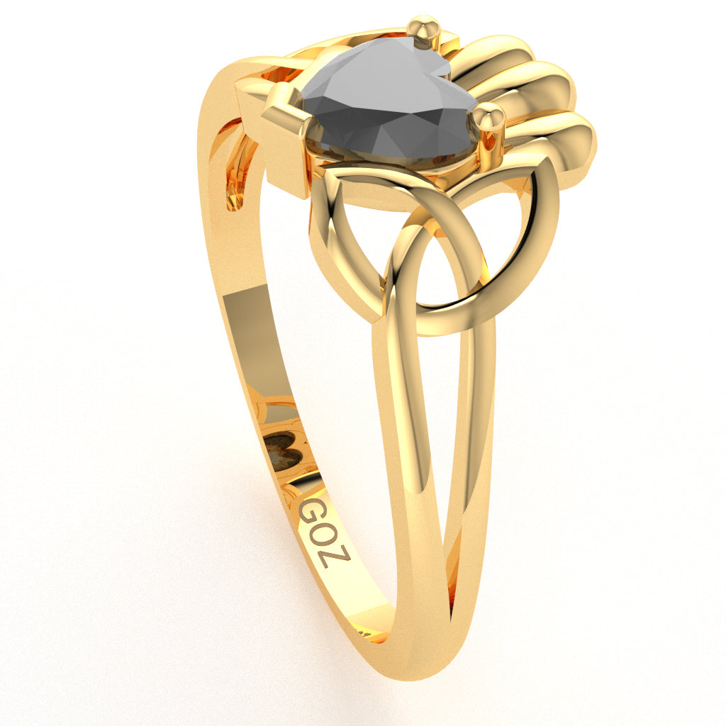 Celtic Trinity Knot Claddagh Black Onyx Engagement Ring In 10k Yellow Gold