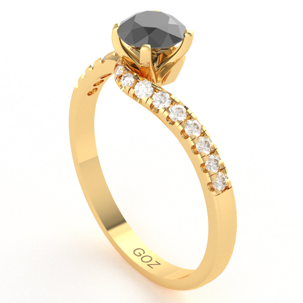Black Onyx Diamond Curly Dainty Engagement Ring In 14k Yellow Gold