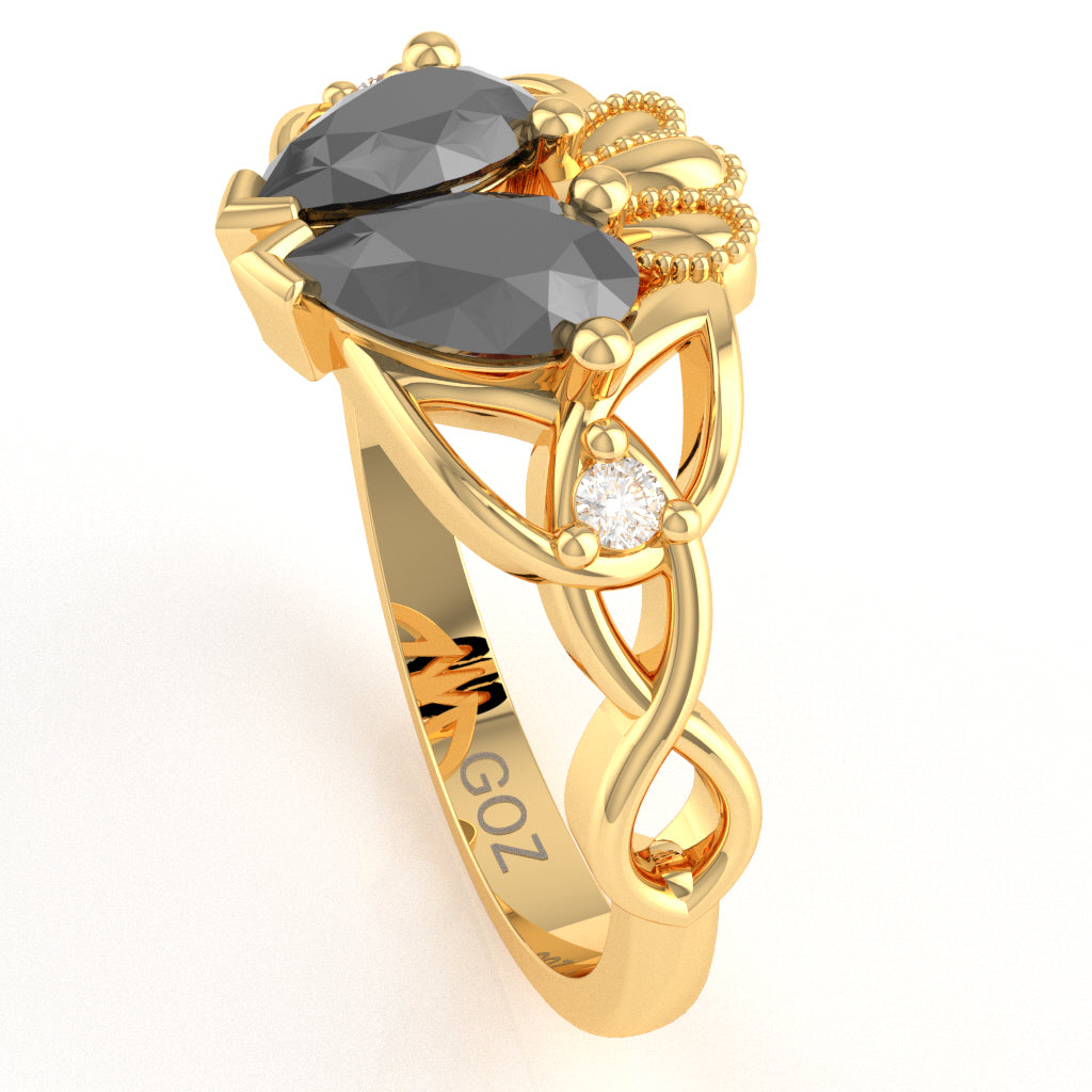 Black Onyx Diamond Celtic Knot Heart Claddagh Ring In 10k Yellow Gold