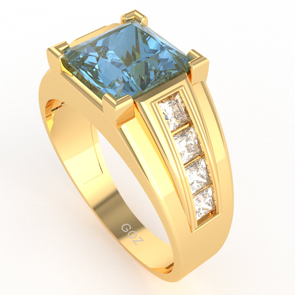 Men's Big Daddy Blue Topaz Lab-Grown Diamond Channel Ring In Solid 10k Yellow Gold