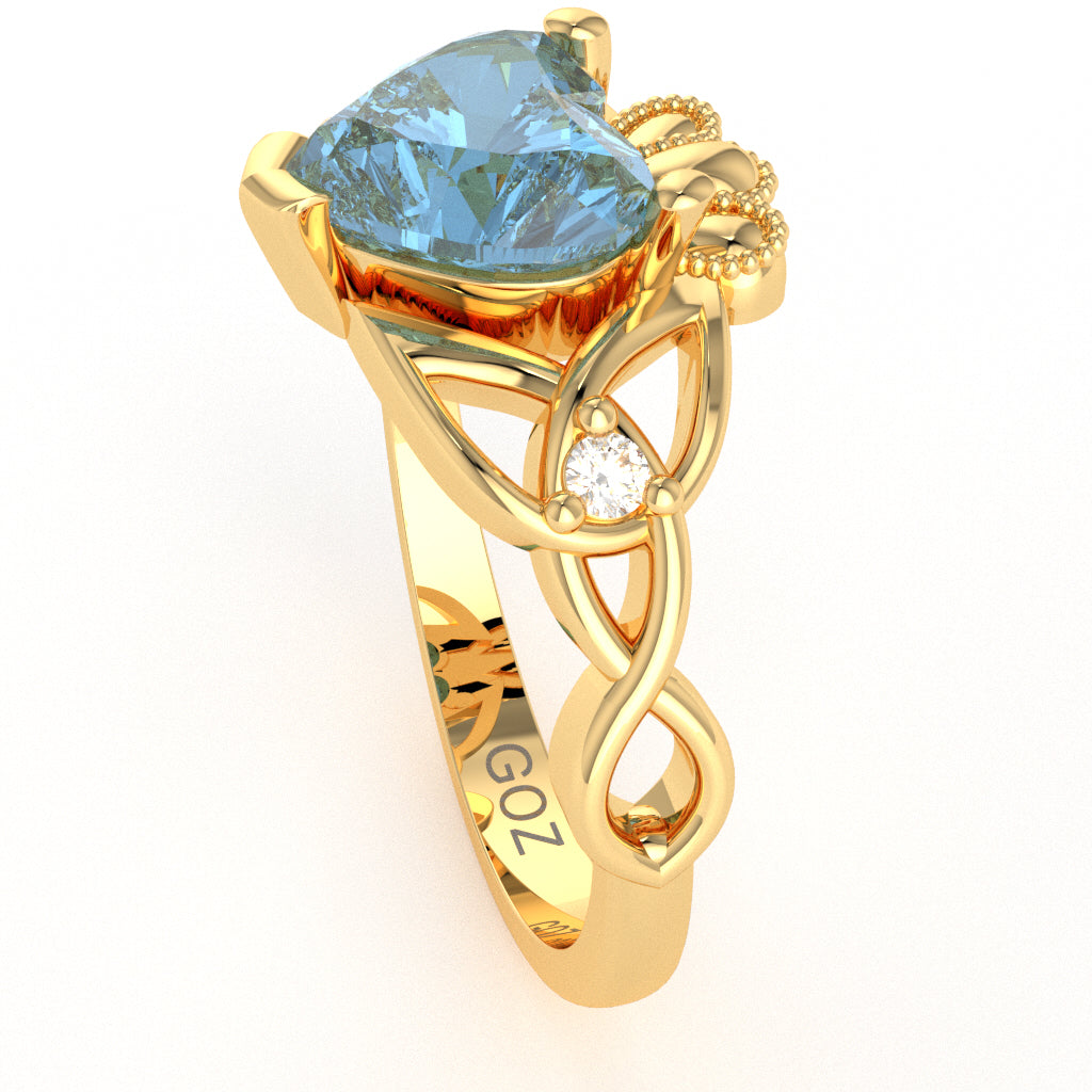 Celtic Trinity Knot Claddagh Heart Blue Topaz Diamond Ring In 14k Yellow Gold